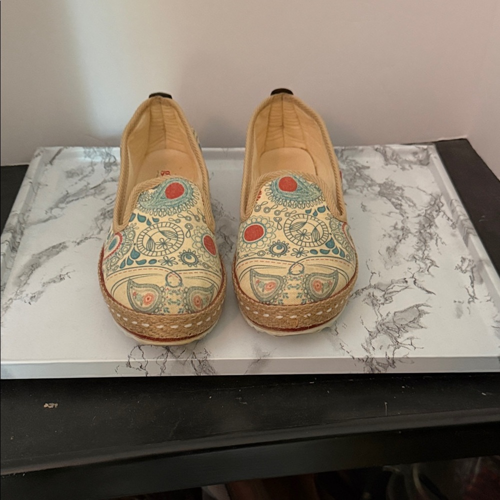 Printed Cream Espadrille Slip-On with Teal and Coral Accents